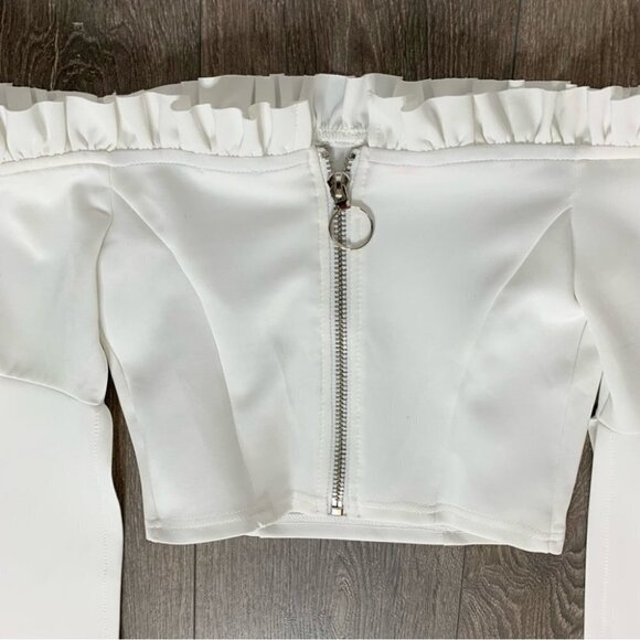 Women's Essue Top Blouse Off Shoulder Split Wide Flare Sleeve Cropped Off White - Picture 5 of 15